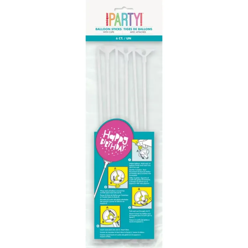 Unique 12” White Balloon Sticks with Cups, 6ct