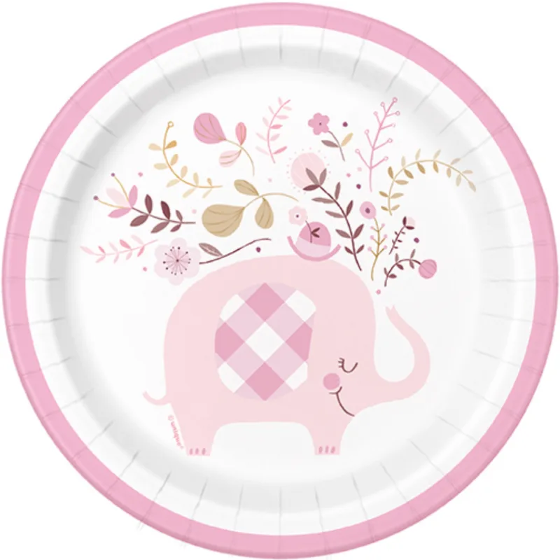 Pink Floral Elephant 7" Plates 8ct