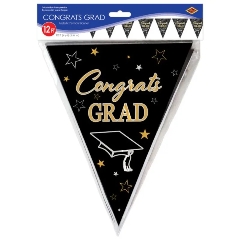 "Congrats Grad" Black Gold Metallic Pennant Banner 12'