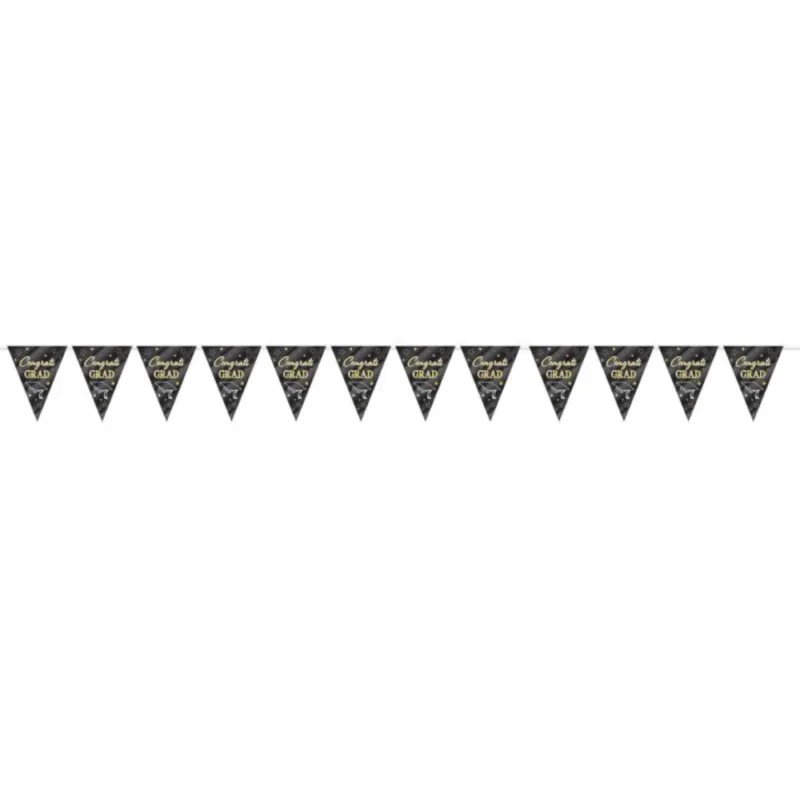 "Congrats Grad" Black Gold Metallic Pennant Banner 12' - Image 2