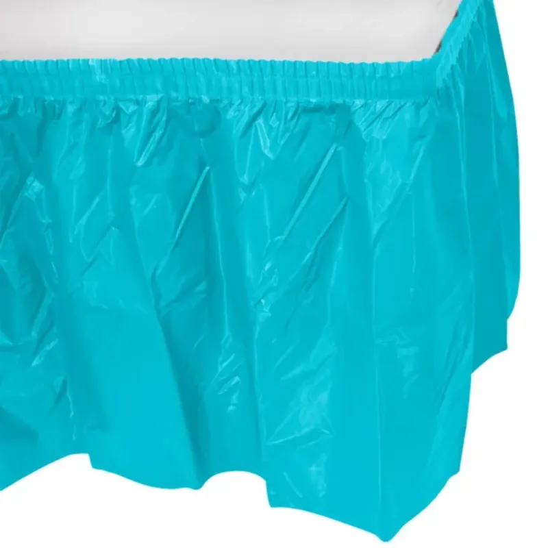Bermuda Blue Plastic Table Skirt 29"x14' W/ Adhesive Stirp
