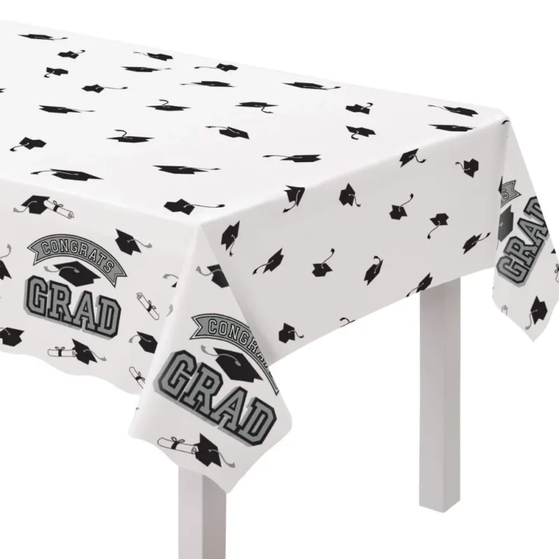True School "Congrats Grad" Silvre Table Cover 54" x 84"