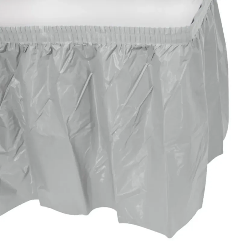 Silver Plastic Table Skirt 29"x14' W/ Adhesive Stirp