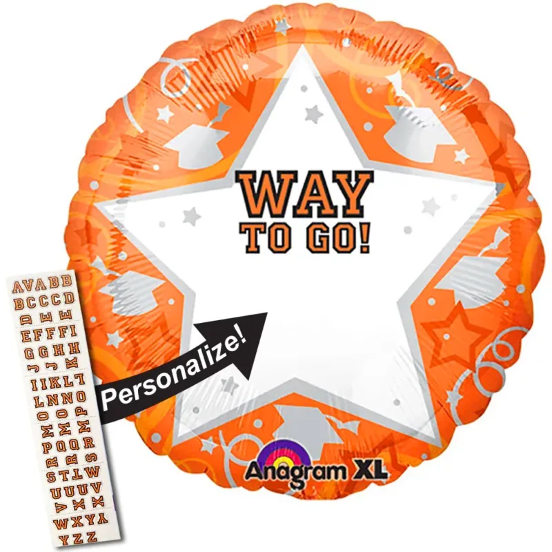 22" Orange "Way To Go" Foil Balloon W/Lettered Stickers