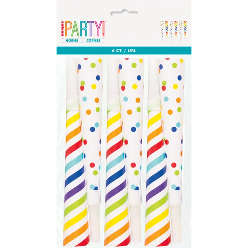 7" Rainbow Dots & Stripes Horn 6ct