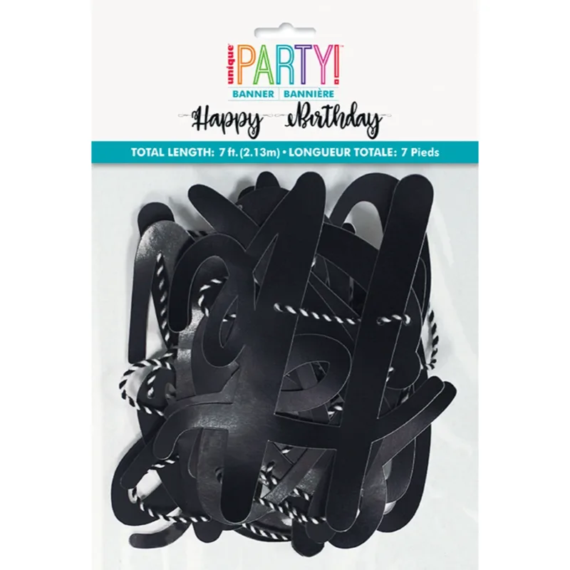 Black Scripted Happy Birthday Banner 7'