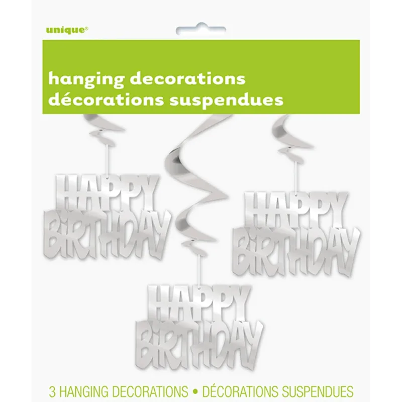 Silver Happy Birthday Hanging Swirls 3ct