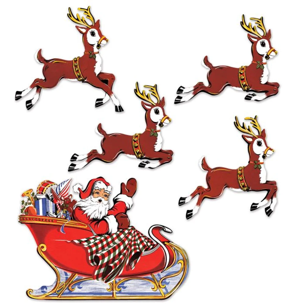 17" Vintage Christmas - Santa Sleigh & Reindeer Cutouts