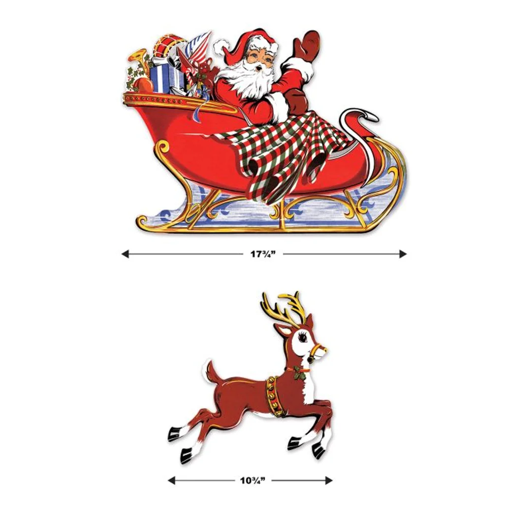 17" Vintage Christmas - Santa Sleigh & Reindeer Cutouts - Image 3