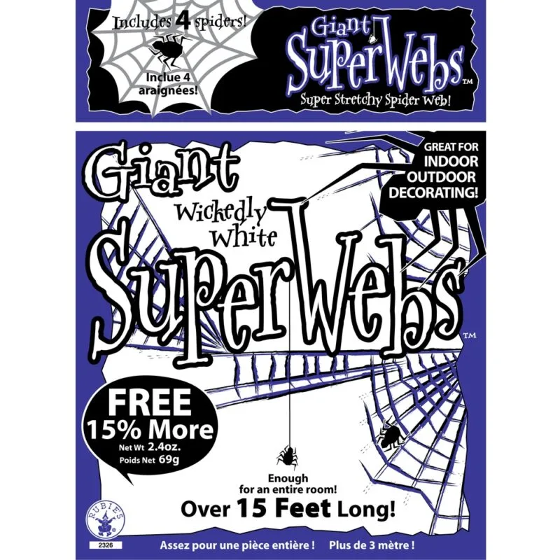 13' White Giant Super Stretchy Spider Web 2.1oz Includes 4 Plastic Spiders