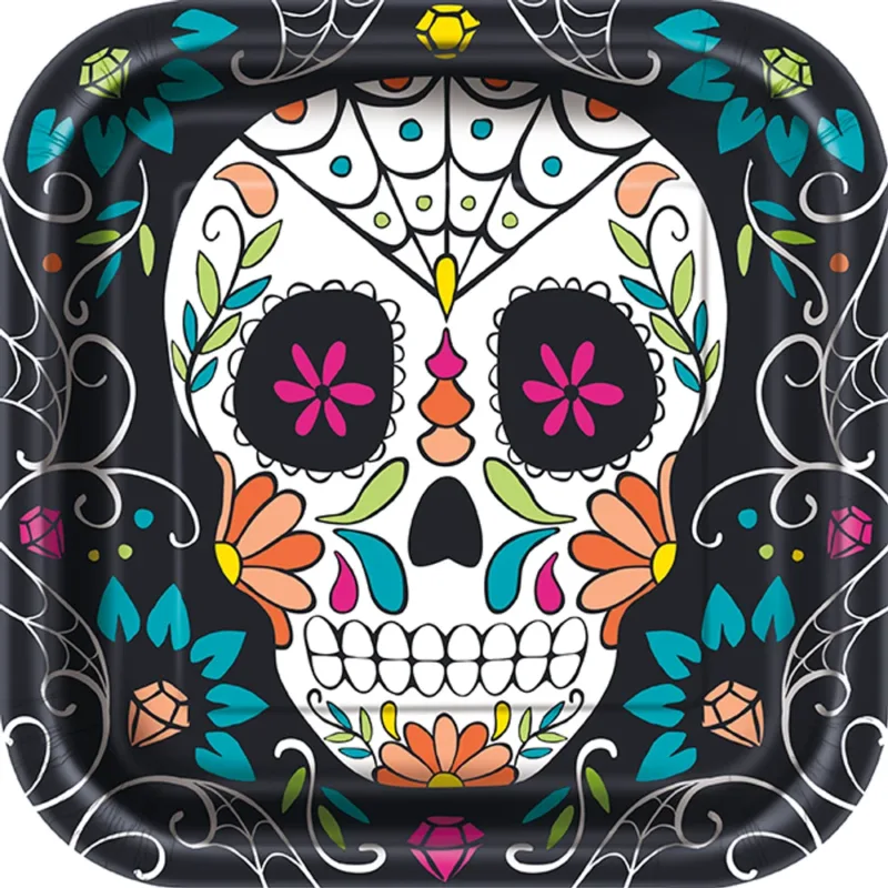 9" Day Of The Dead Square Plates 10ct