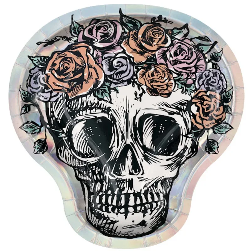 9" Floral Skull Shaped Iridescent Plates 8ct