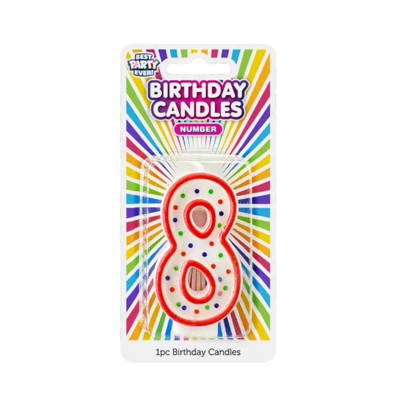#8 White Birthday Candle Red Outline & Confetti