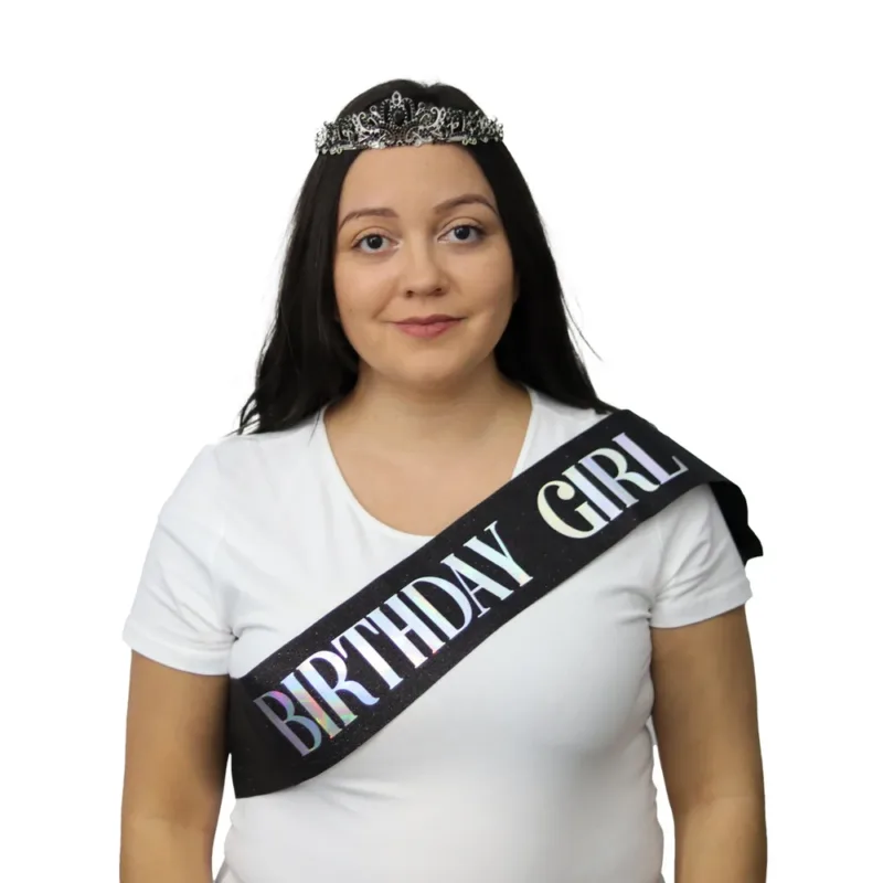 Black Glittered Iridescent "Birthday Girl" Sash & Tiara - Image 2