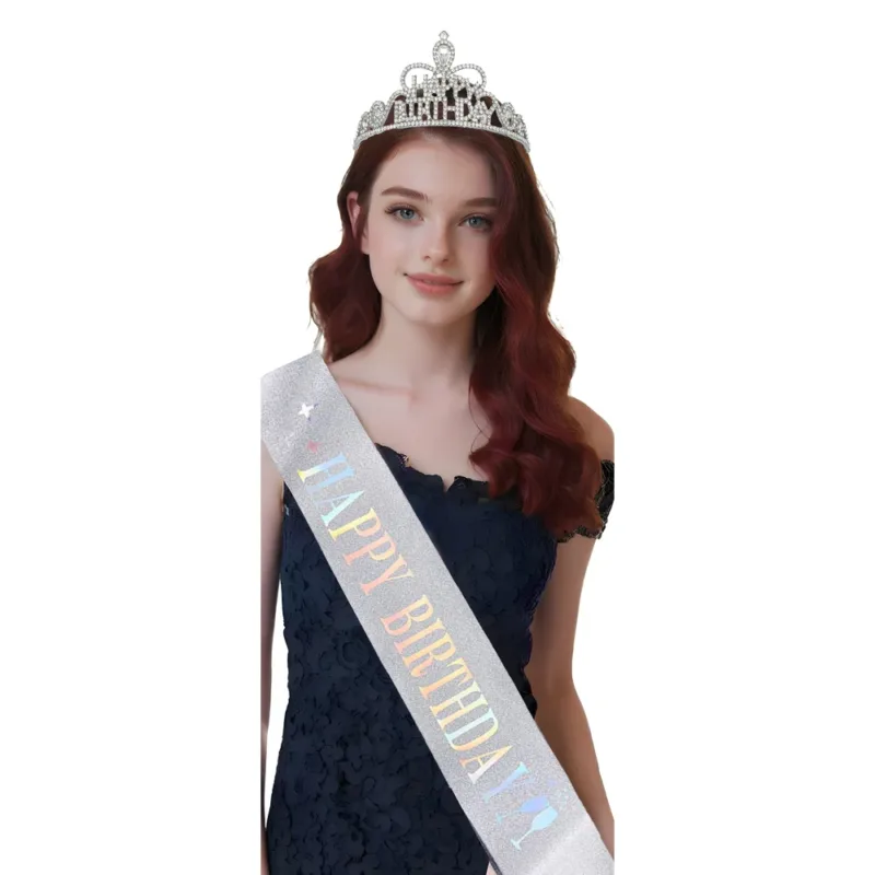 Silver Glittered Iridescent "Birthday Girl" Sash & Tiara - Image 2