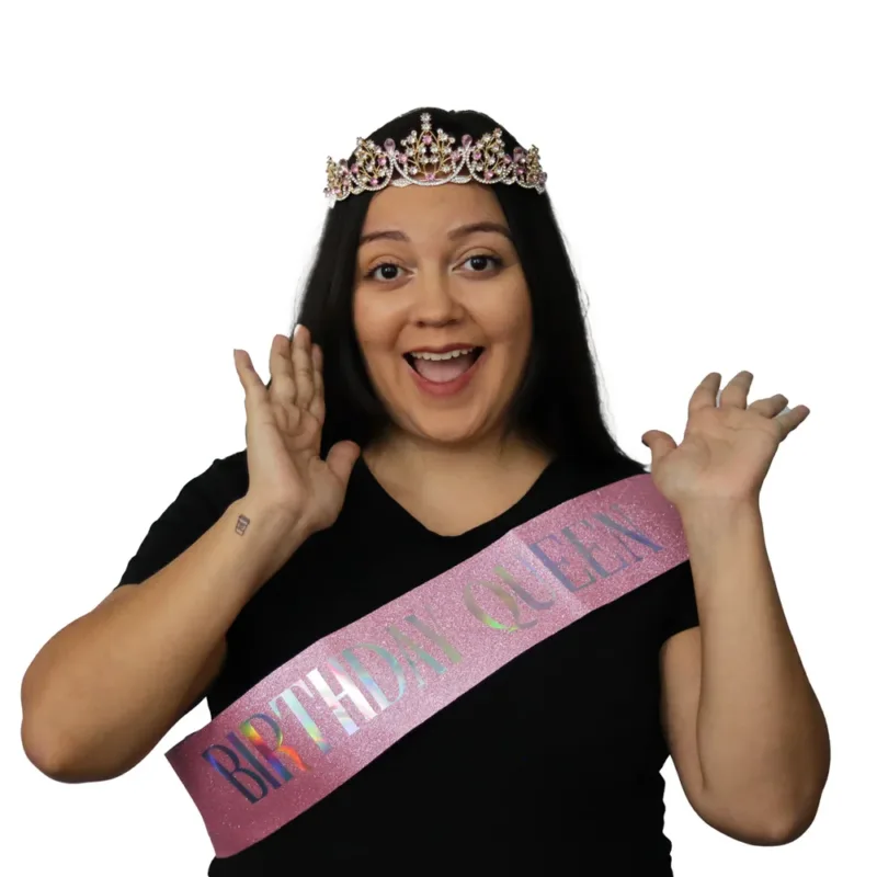 Pink Glittered Iridescent "Birthday Queen Sash & Tiara - Image 2