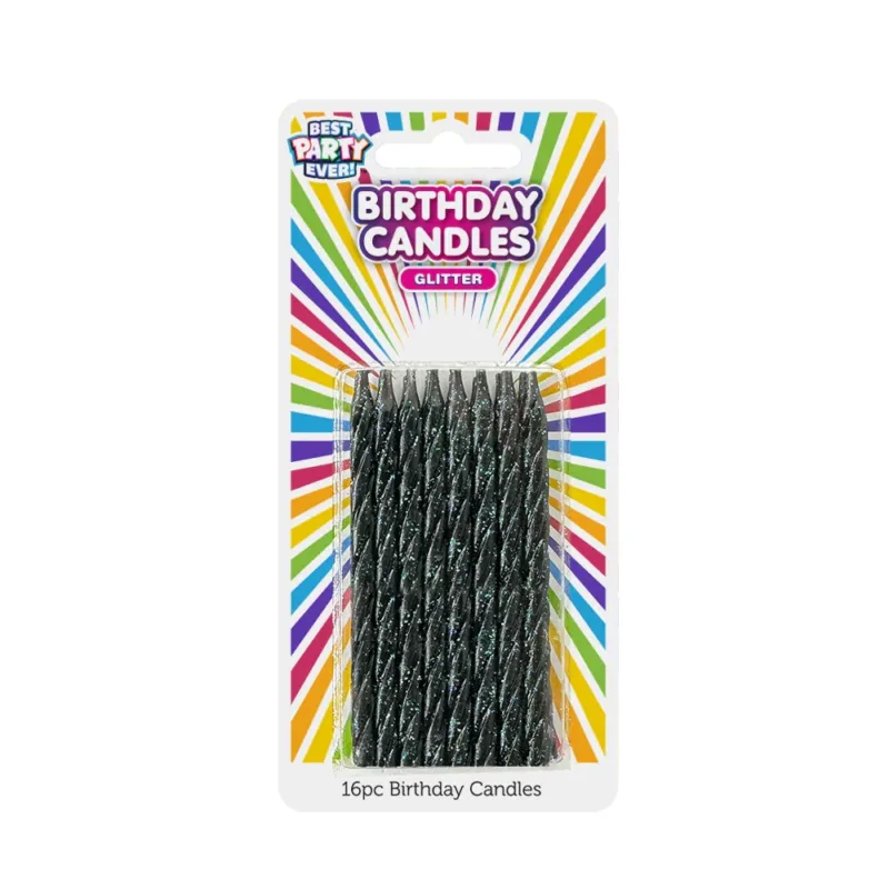 Black Glitter Birthday Candles 16ct