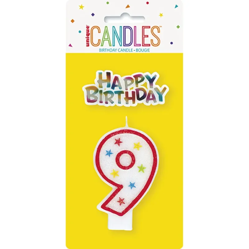 Glitter #9 Candle w/ Happy Birthday Topper