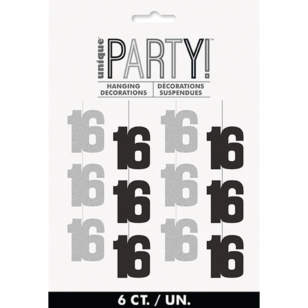 60" Glitz Black "16" Hanging Decorations 6ct