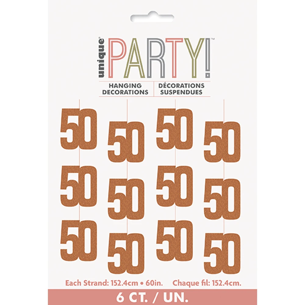 60" Glitz Rose Gold "50" Hanging Decor 6ct