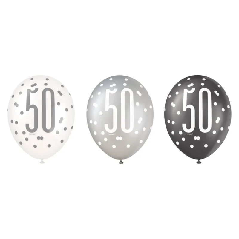 6ct Glitz Black 12" "50" Latex Balloon Pacakge - Image 2