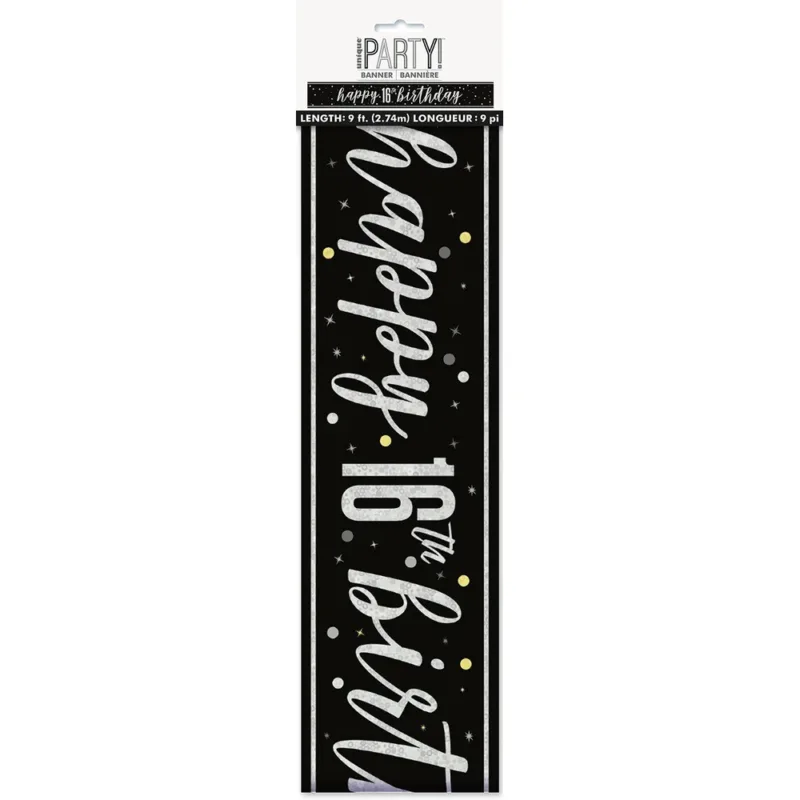 9' Glitz Black "Happy 16th Birthday" Banner