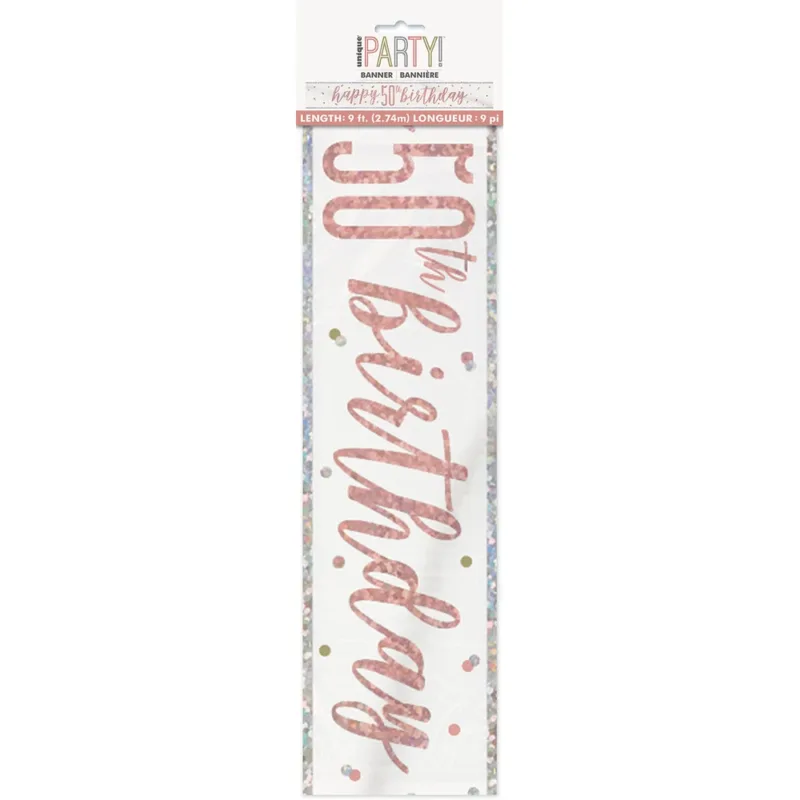 9' Glitz Rose Gold "Happy 50th Birthday" Banner