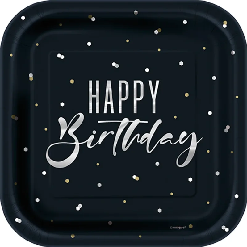 Silver/Black "Happy Birthday" 7" Plates 8ct