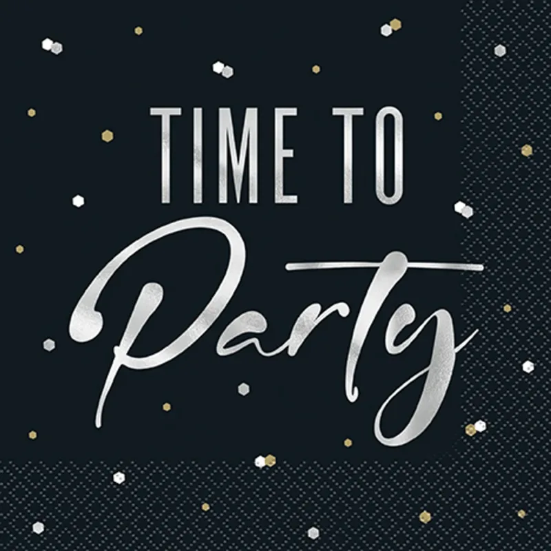 Silver/Black "Time To Party" Lunch Napkins 16ct