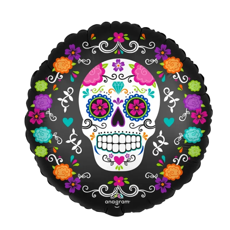 18" Satin Sugar Skull and Colored Marigolds Balloon