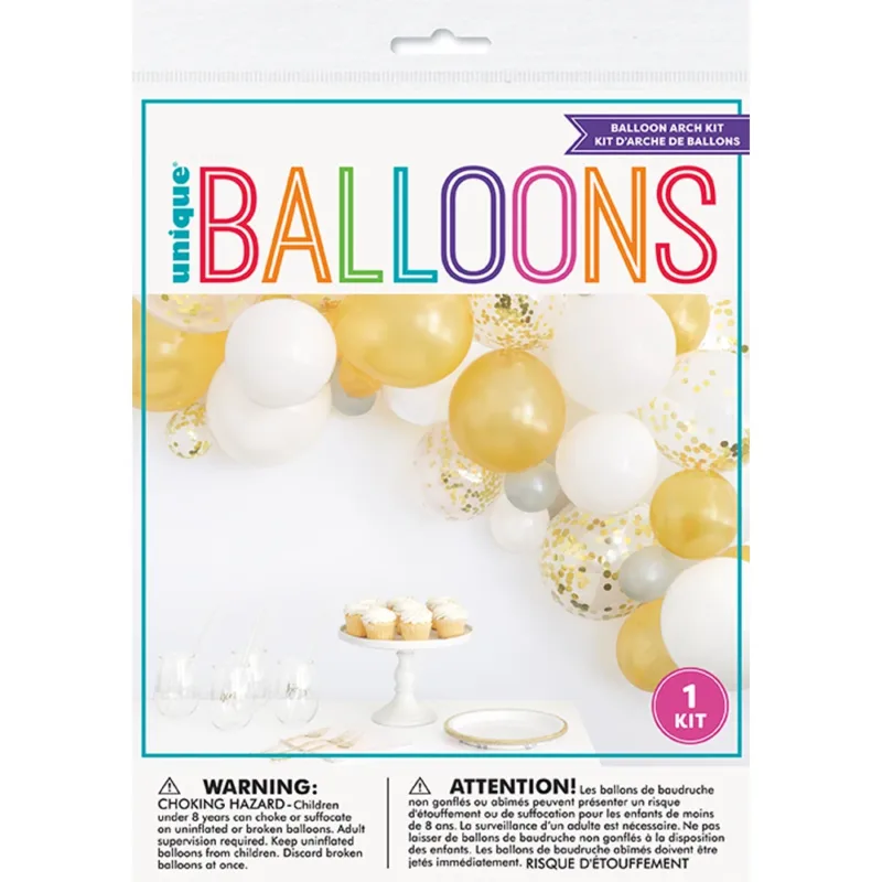 8' Gold/White/Silver/Clear Confetti Latex Balloon Arch Kit - Image 2