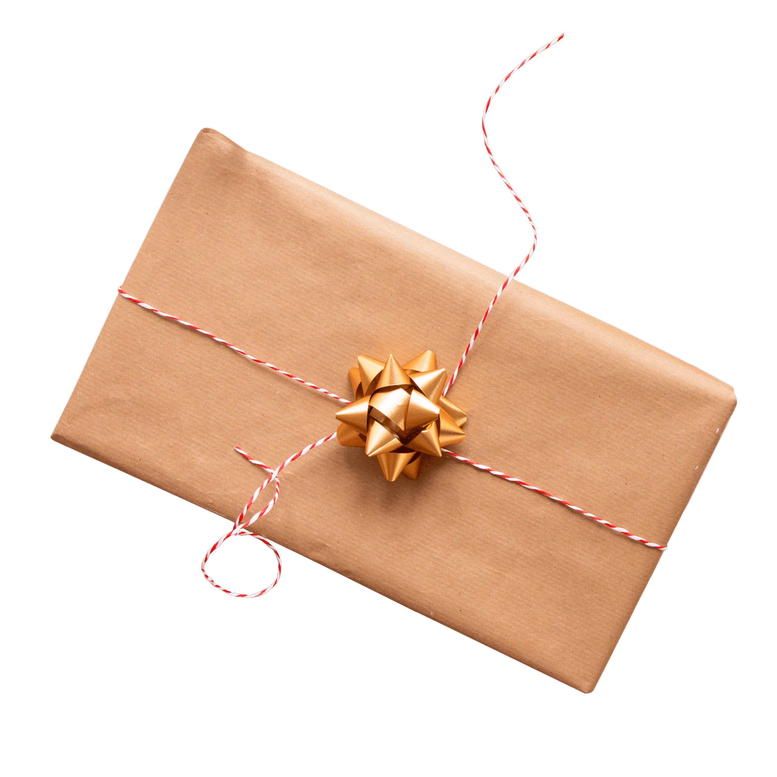 Kraft wrapped gift with gold bow at Party Mart