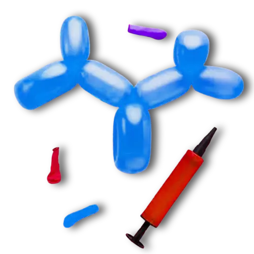 blue balloon animal red balloon pump confetti on table