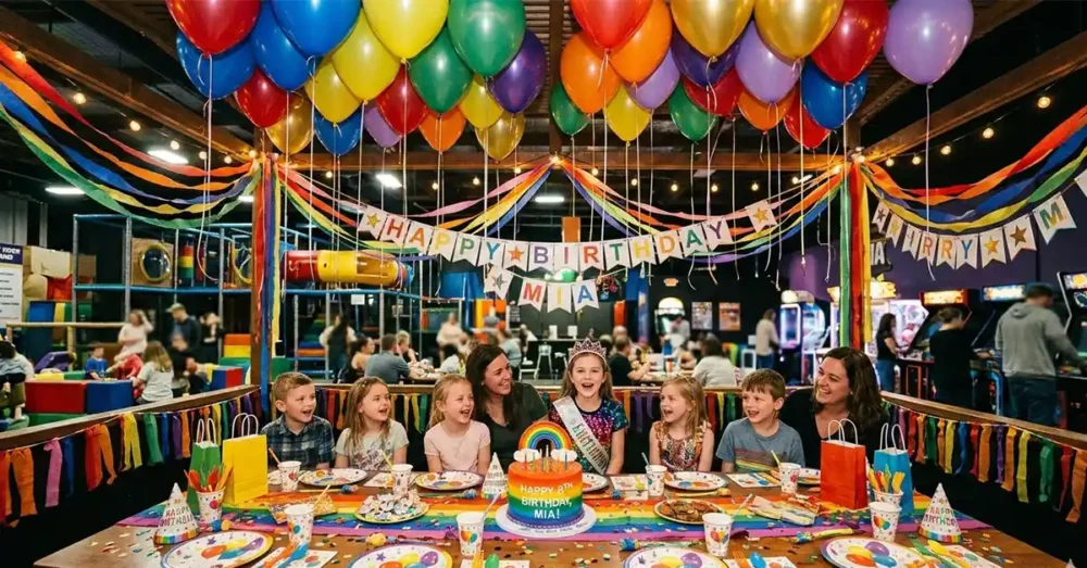 Kids birthday party set up balloons cake decortations