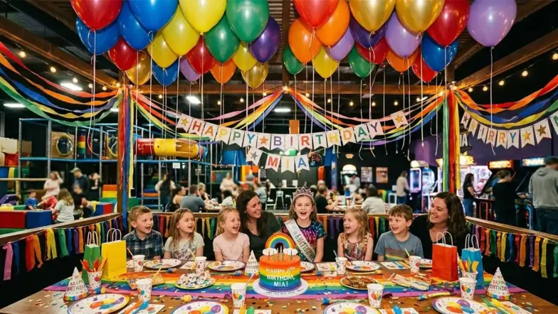 Kids birthday party set up balloons cake decortations