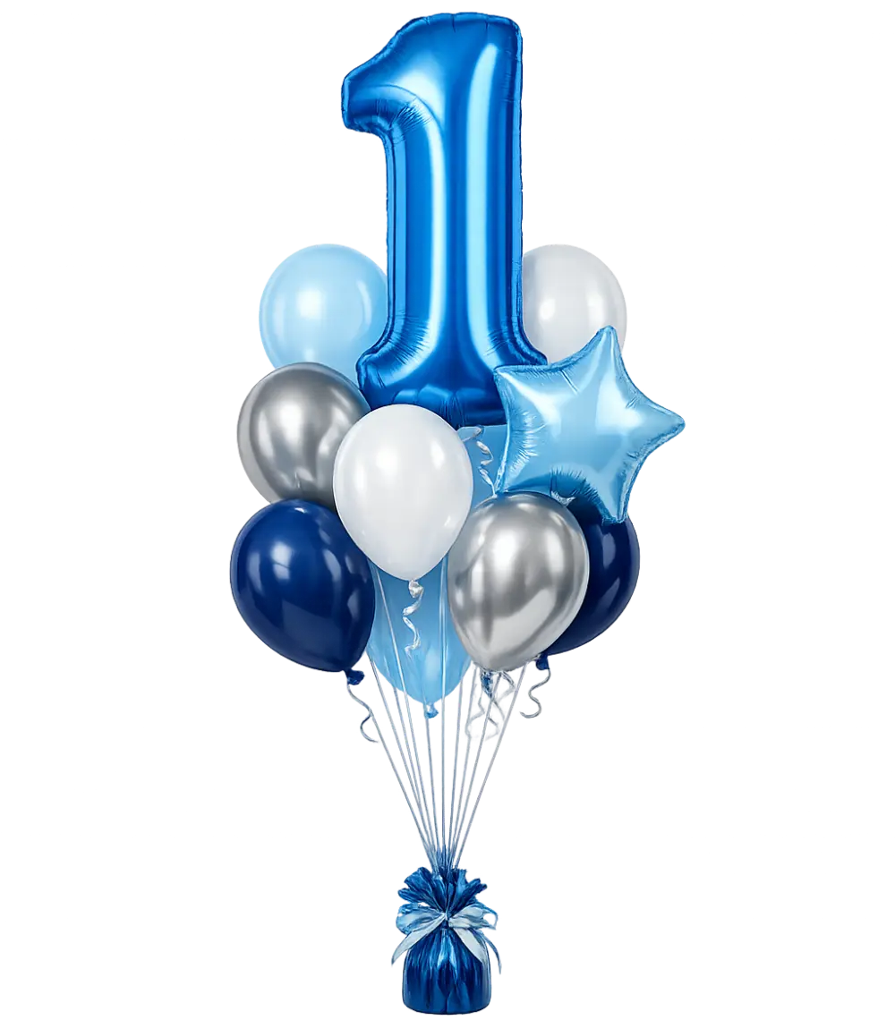 Blue and white number 1 birthday balloon bouquet at Party Mart