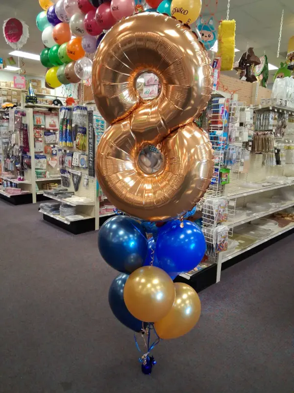 Blue and gold number 8 balloon bouquet