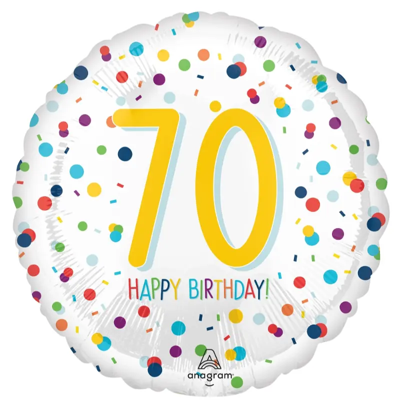 18″ 70th Happy Birthday White & Confetti Balloon