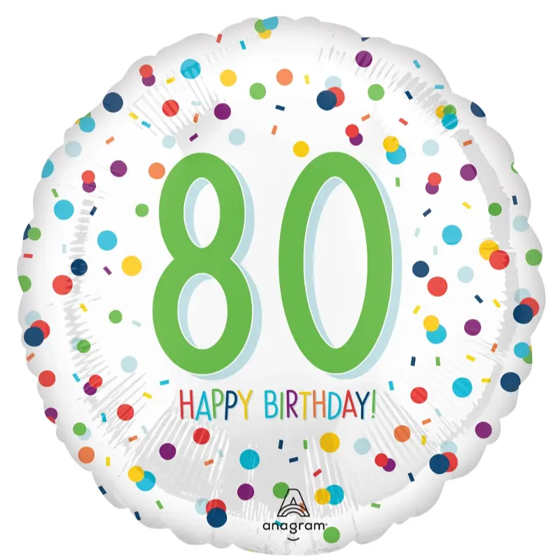 18″ 80th Happy Birthday White & Confetti Balloon