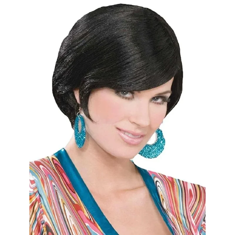 Woman wearing the black Brit 60's mod bob wig