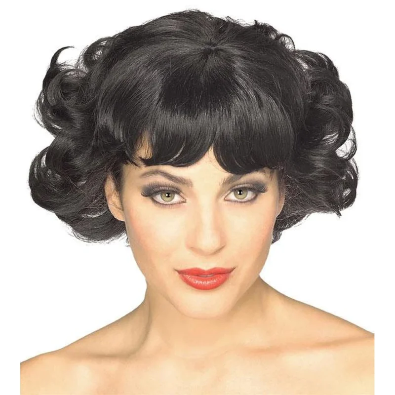 Woman wearing the short curly black Cutie Flip Wig