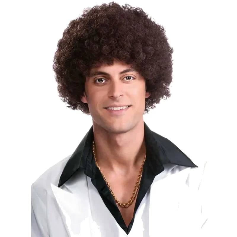 Man wearing the Deluxe Afro 70's Wig in dark brown