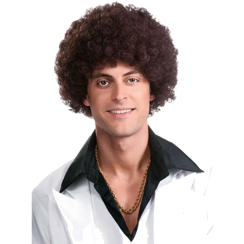 Man wearing the Deluxe Afro 70's Wig in dark brown