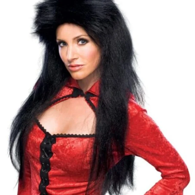 Woman wearing the long black Deluxe Sorceress Wig