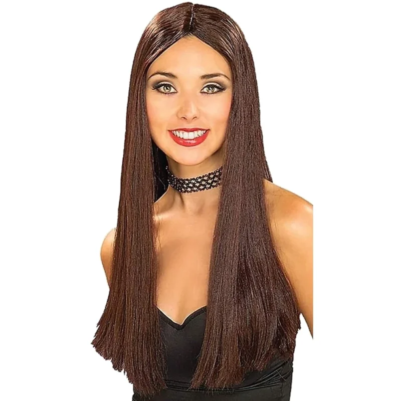 Woman wearing the waist-length straight brown Long Wig