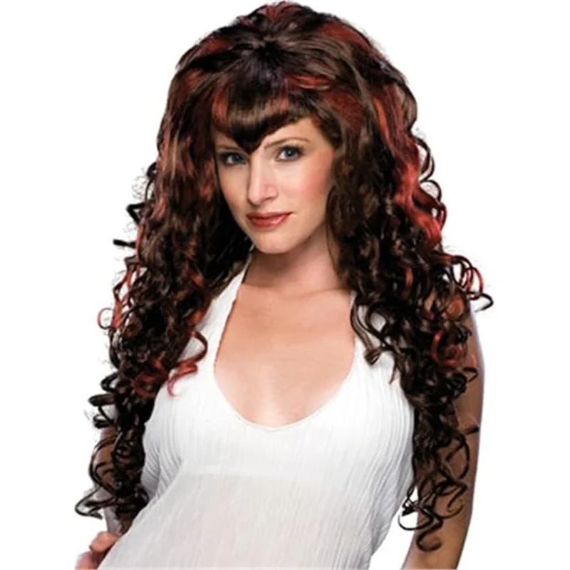 Woman wearing the long curly brown Passion Wig with red highlights