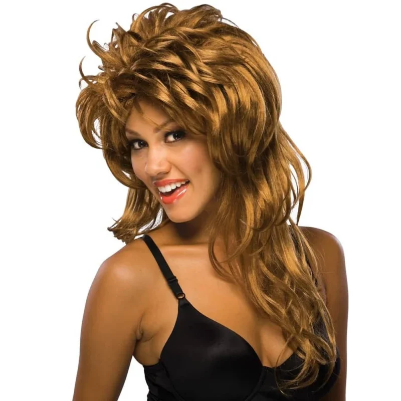 Woman wearing the spiky layered blonde Rockin' Diva Wig