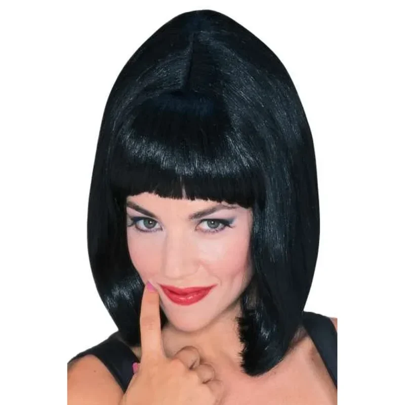 Woman wearing the black Starlet Wig bob with bangs