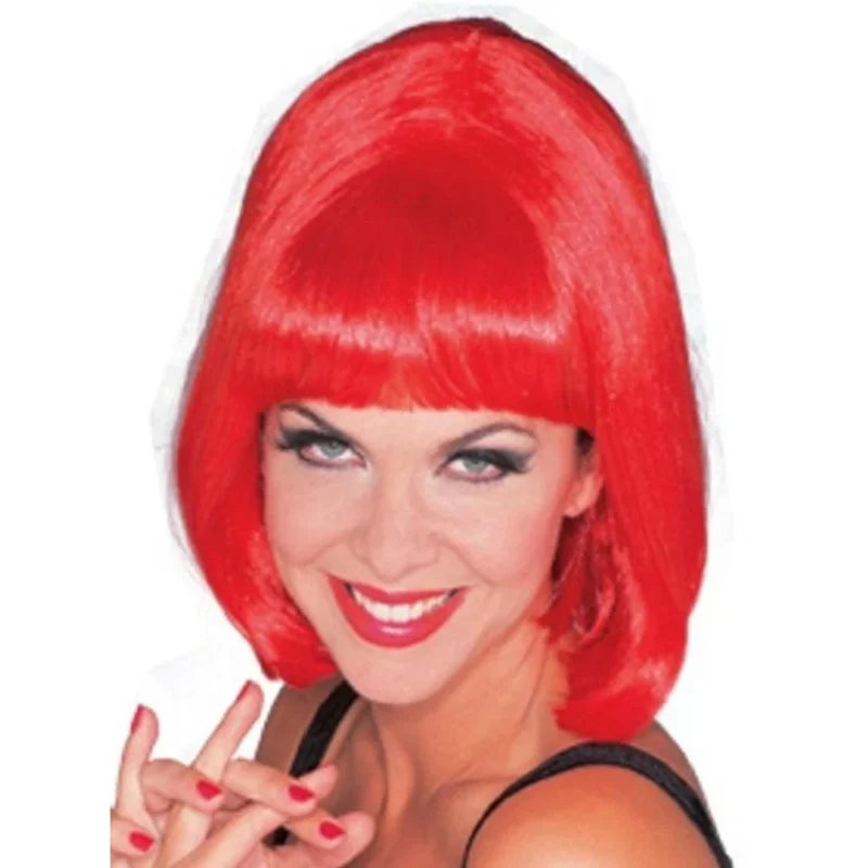 Woman wearing the bright red Starlet Wig bob with bangs
