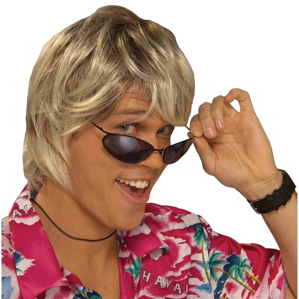 Man wearing the shaggy blonde Surfer Bum Wig